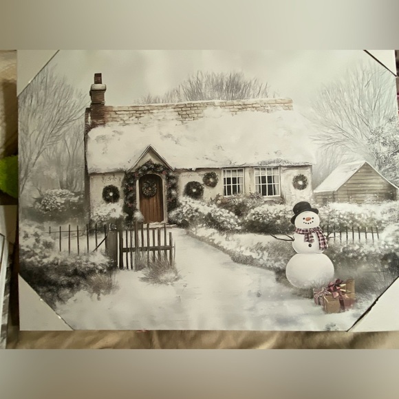 Other - Winter Cottage Canvas Art with Snowman